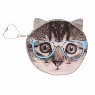 Dierenprint portemonnee grijze kat met bril 10 x 11 cm