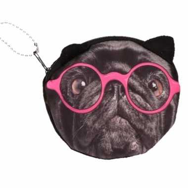 Dierenprint portemonnee zwarte mopshond roze bril 10 x 11 cm